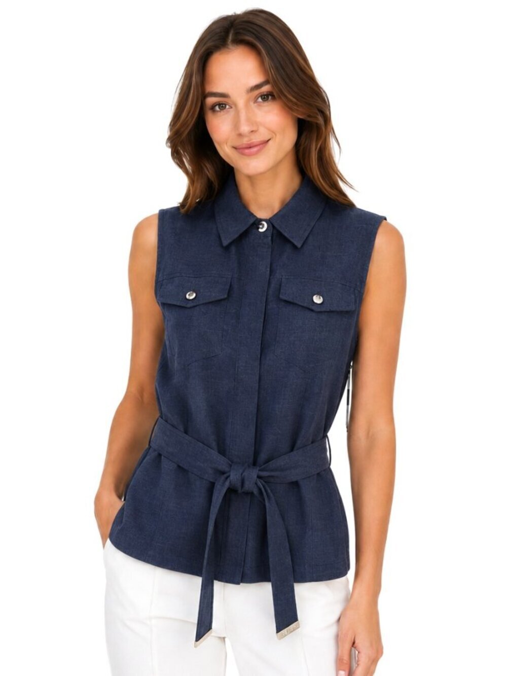 Calvin Klein Navy Blue Linen Belted Vest NWT